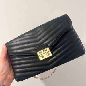 GUESS Black Quilted Crossbody Clutch with Gold Chain